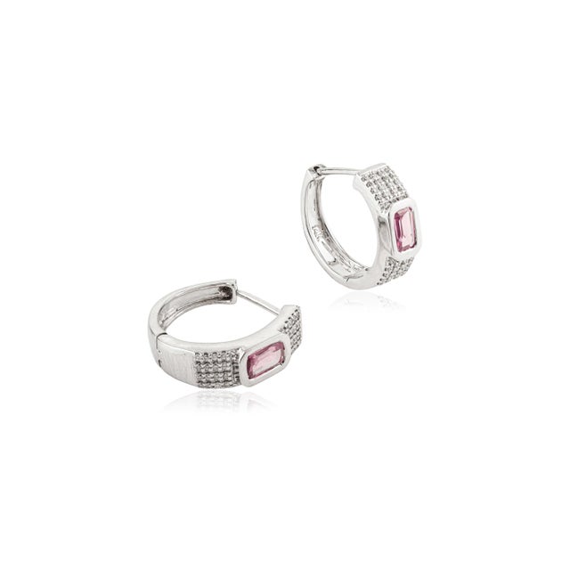 Art Deco Chunky 14k White Gold Pink Sapphire & Diamond Statement Hoop Earrings- 2 Pieces For Sale - Image 3 of 11