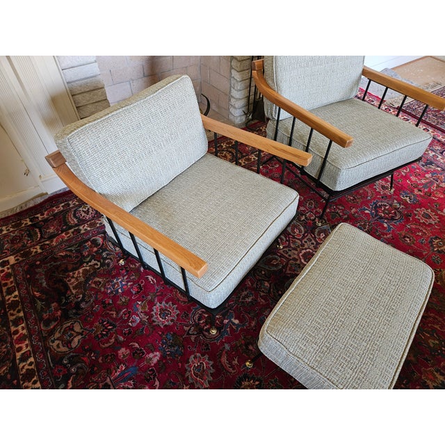 A Beautiful Set of MCM Wrought Iron Living Room Chairs with Matching Ottoman (15 x 24 inches). The 3 piece set is...