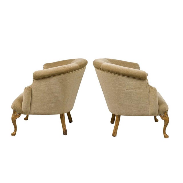 Pair of Barrel Back Louis XV Style Mohair Bergeres For Sale - Image 4 of 5