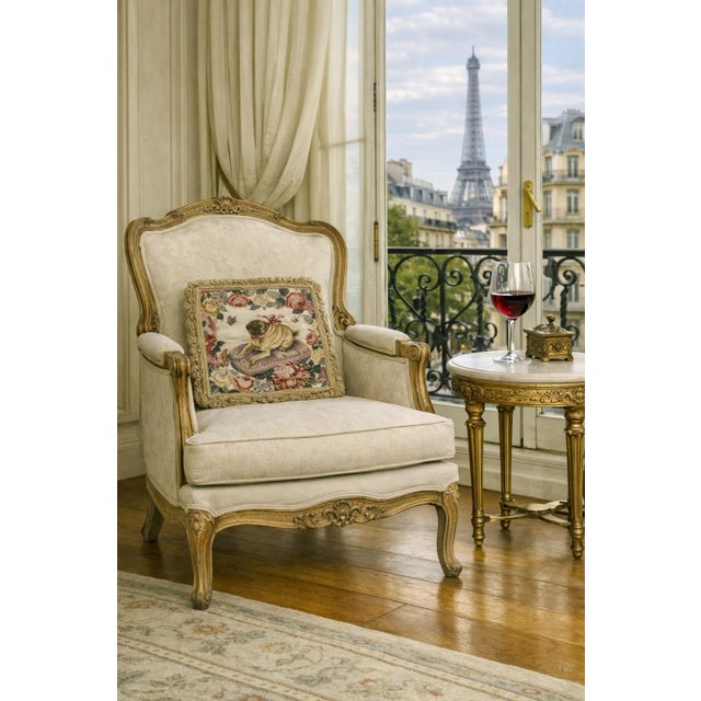 Charming hand made needlepoint pillow cover#2 featuring a beloved pug lounging on a cushion, with a pink bow and...