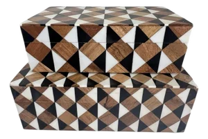 Set of 2 Inlaid Geometric Tri-Color Boxes in Black Brown & White