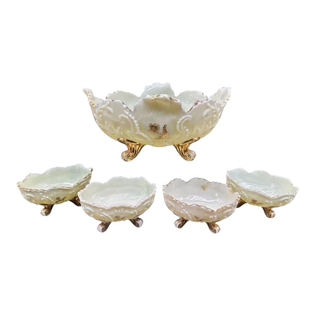 Northwood Chrysanthemum Sprig Custard Glass-Uranium Glow-Berry Bowl Set-Antique For Sale