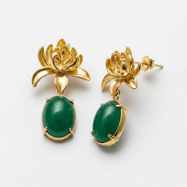 Not Yet Made - Made To Order Lotus Green Onyx Drop Earrings For Sale - Image 5 of 8