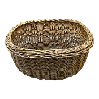 Vintage English Rolled Edge Wicker Basket For Sale