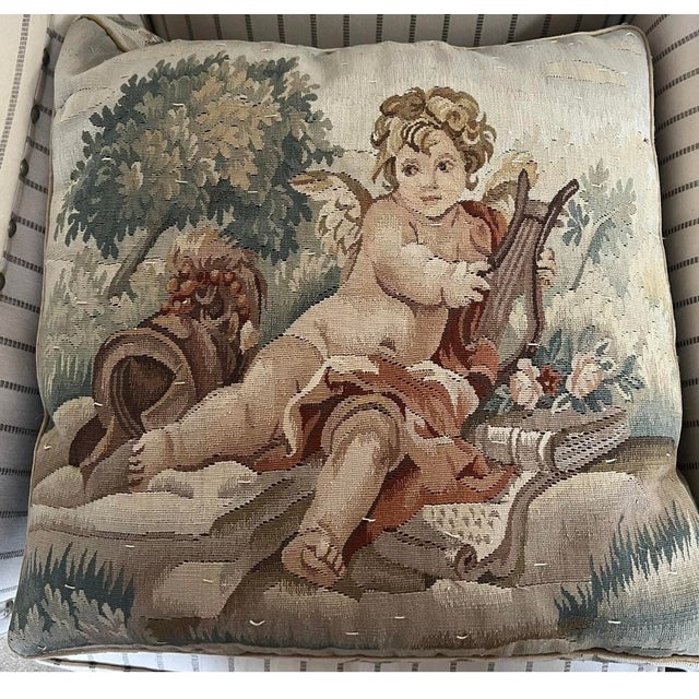 French Antique French Aubusson Tapestry Pillow Cushion Large 21" Cherub Lyre Book For Sale - Image 3 of 12