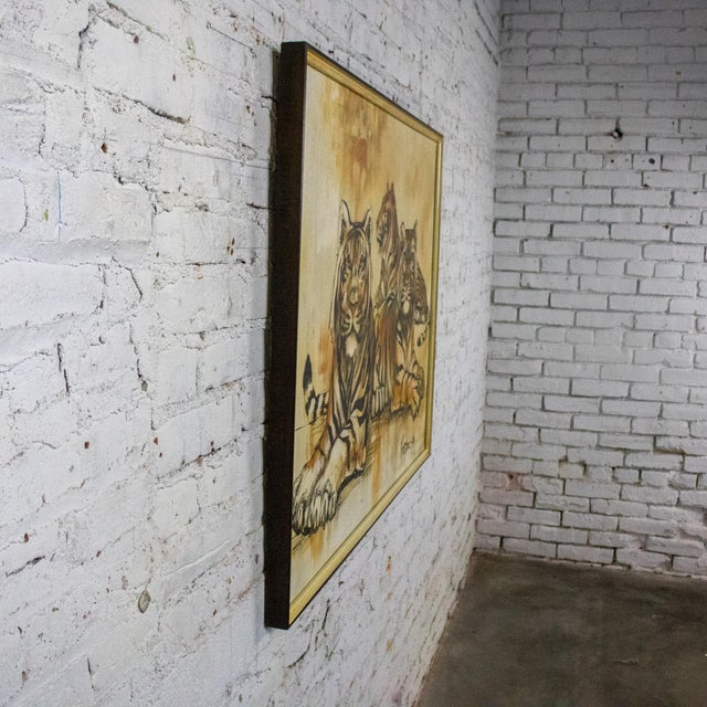 Mid 20th Century Mid-20th Century Mid-Century Modern Large Resting Tiger Canvas Painting by Pettersen Black and Gold Frame For Sale - Image 5 of 18
