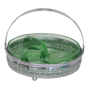 Green Depression Glass Divided Candy Relish Dish With Silver Metal Basket