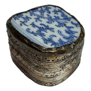 1960s Vintage Chinese Hand Painted Figure Porcelain Chard Embossed Silver Trinket Box For Sale