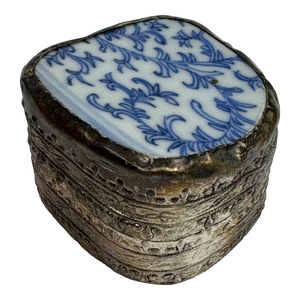 1960s Vintage Chinese Hand Painted Figure Porcelain Chard Embossed Silver Trinket Box
