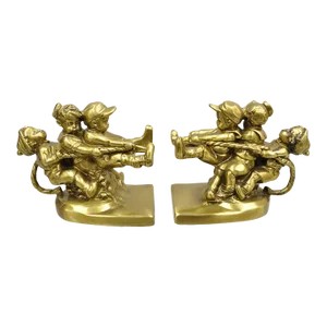Vintage Pm Craftsman "Tug of War" Brass Children Playing Figural Bookends - Pair