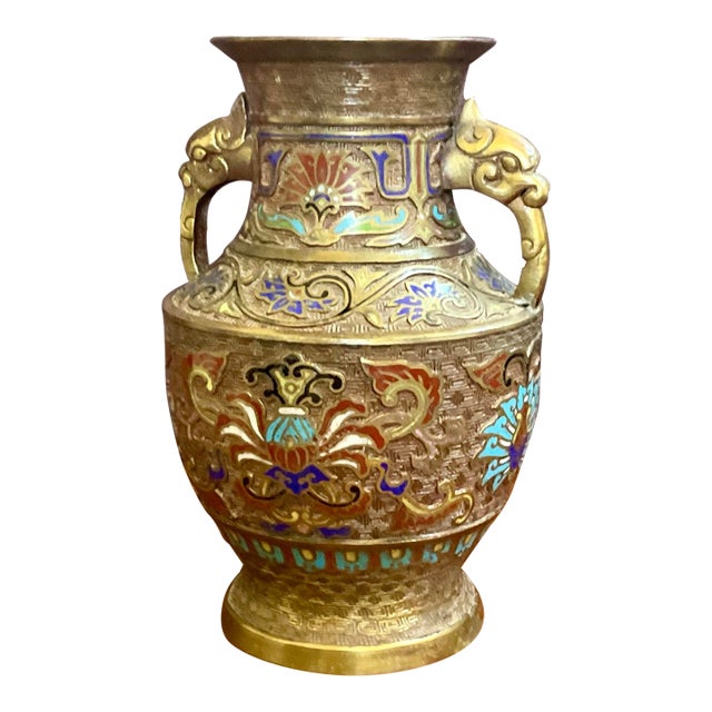 Antique Japanese Champlevé Enameled Bronze Urn Vase For Sale