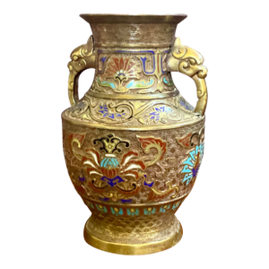 Antique Japanese Champlevé Enameled Bronze Urn Vase