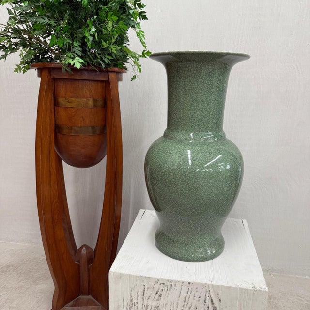 Rustic Crackle Sage Green Glazed Ceramic Vase with Tall Flared Neck For Sale - Image 3 of 10