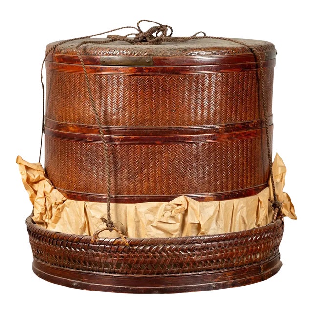 Chinese 19th Century Tiered Food Basket with Stacking Parts, Paper and Rope Ties For Sale