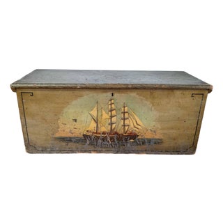 19th Century Paint Decorated Blanket Chest With Later Nautical Ship Painting For Sale