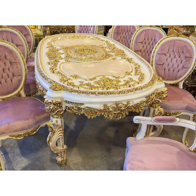 1990s French Rococo Style Pink and White Dining Table and Chairs - Set of 9 For Sale - Image 5 of 5