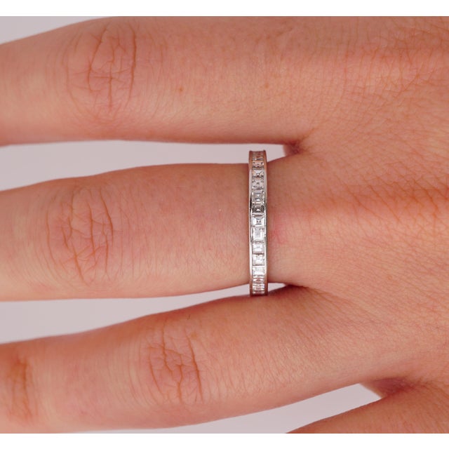 Contemporary Carre Cut 1.50 Ct Channel Set Diamond Wedding Eternity Band Set in Platinum, Size 6 For Sale - Image 3 of 4