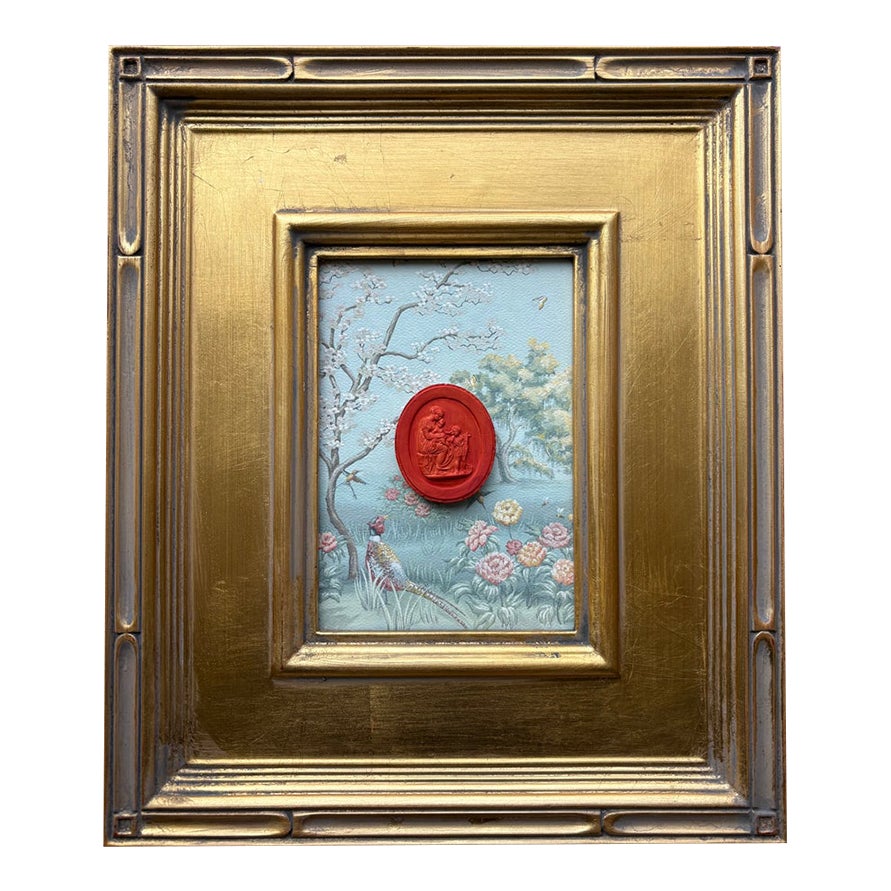 Grand Tour Replica Plaster Intaglio of Mother and Children in Closed Corner Plein Air Frame