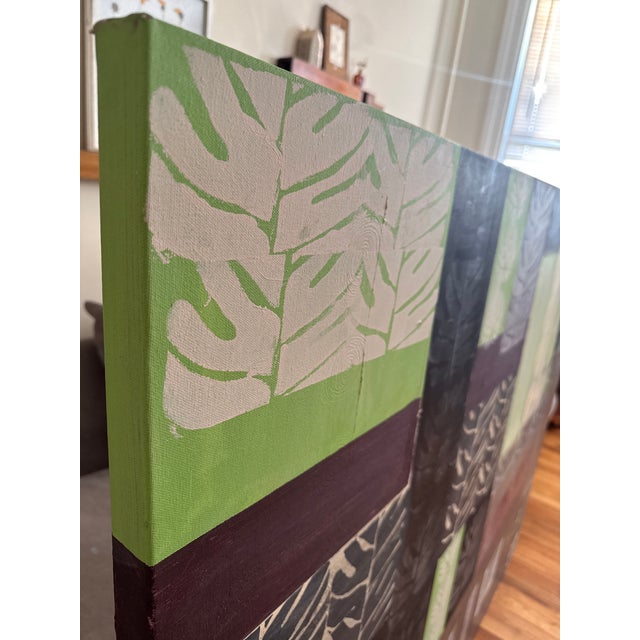 Bright Green Original Abstract Wall Art With Monstera Leaves on a 5ft X 4 Ft Canvas For Sale - Image 8 of 11