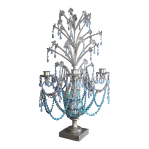 1940's Italian Hollywood Regency Silvered Wood Vase Full of Crystal Sprays & Shooting Stars - Blue Opaline Girandole/ Candelabra/ Candle Lamp