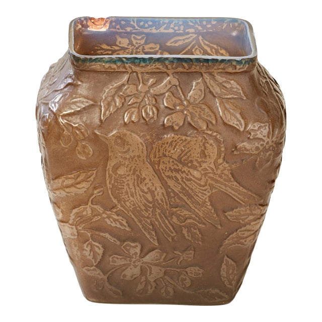Early 20th Century Victorian Styled Rectangular Glass Vase With Aviary and Floral Motif in Relief For Sale