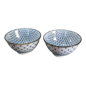 Late 20th Century Asian Japanese 2 Blue & White Geometric Star Pattern Serving Bowls Marked 7.5'' Wide - a Pair
