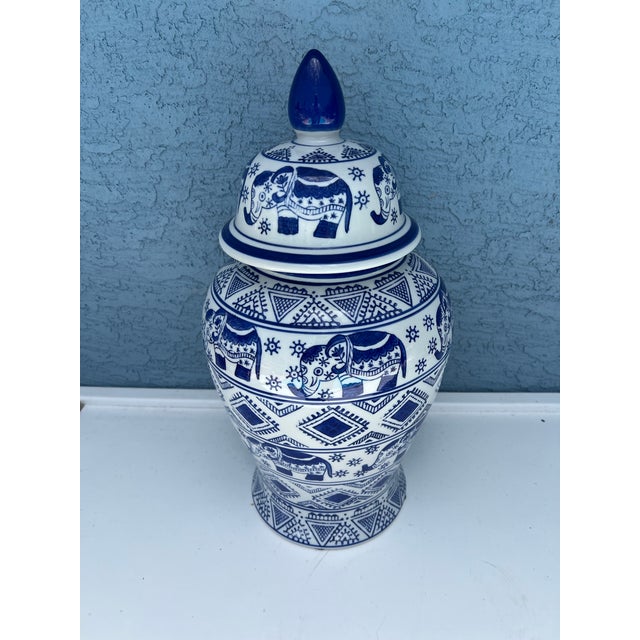 Modern Vintage Ceramic Blue Elephant Ginger Jar For Sale - Image 3 of 6