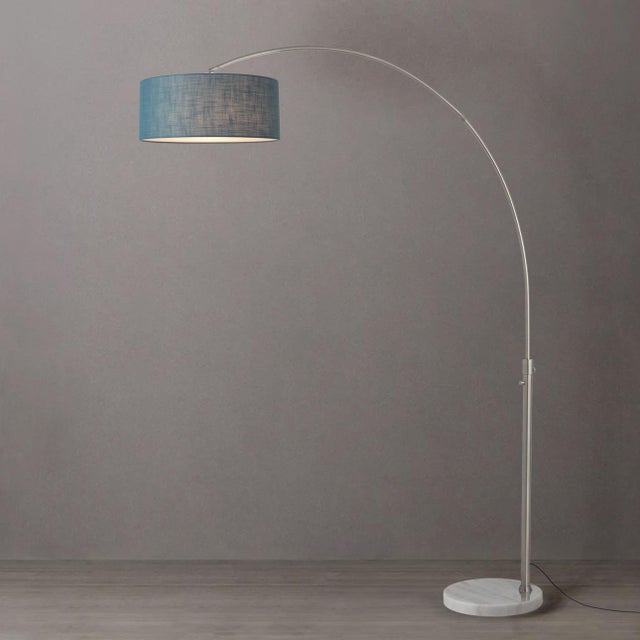 Mid-Century Modern 1960s Adjustable Mid Century Floor Lamp - 92" Modern Arc Lamp, Satin Nickel Finish, Pool Blue Linen Shade, Dimmable For Sale - Image 3 of 4