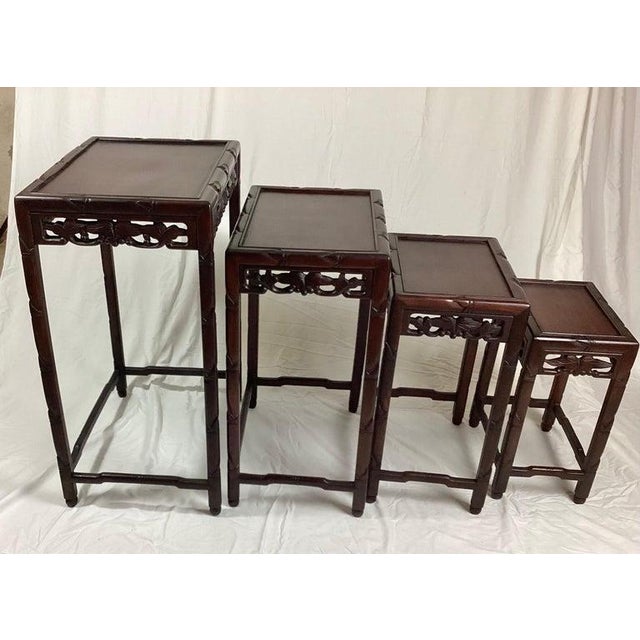 Chinese Early 20th Century Chinese Rosewood Set of 4 Nesting Tables With Carved Frieze Decoration Hong Kong For Sale - Image 3 of 9