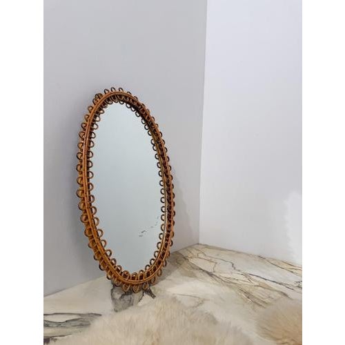 Mid-Century Modern Italian Handcrafted Oval Cane and Bamboo Mirror in the style of Albini, 1960s For Sale - Image 4 of 15