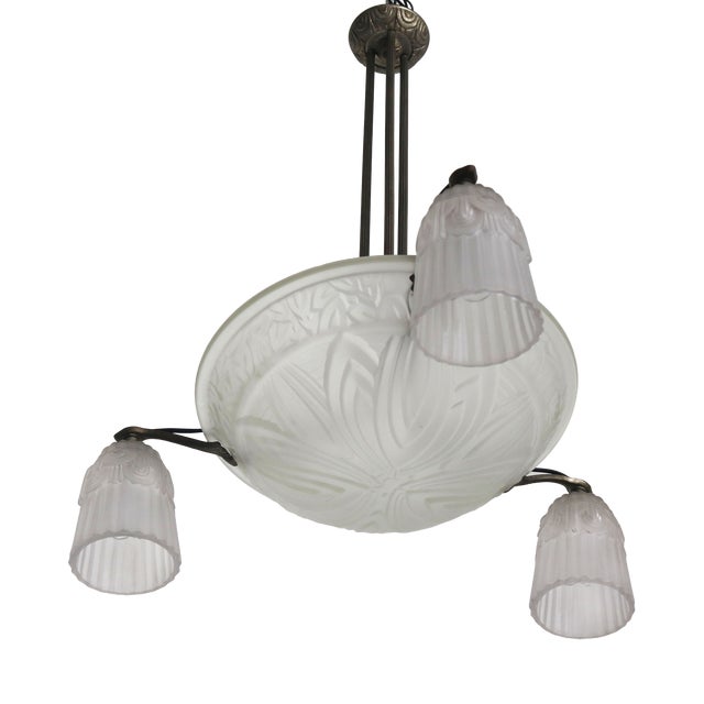 Art Deco French Chandelier in Silvered Bronze by Muller Frères, 1925 For Sale