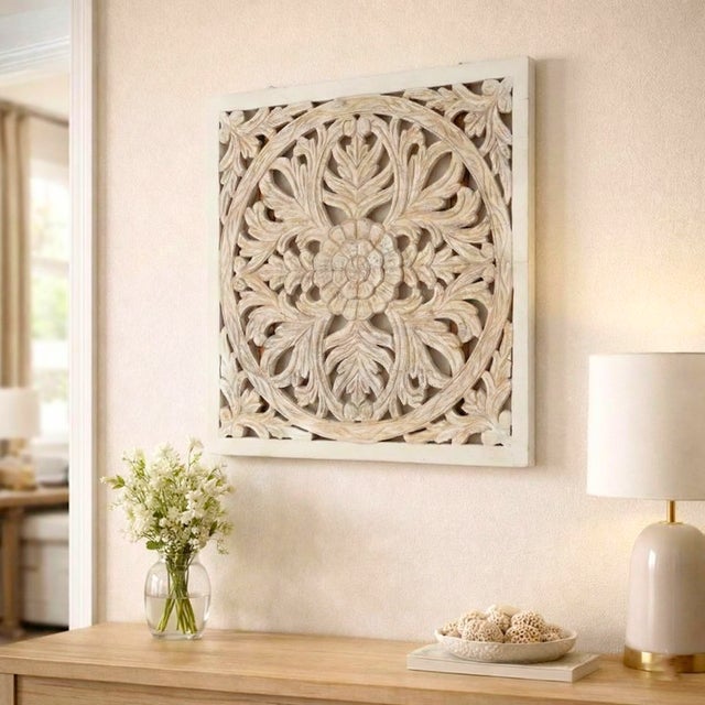 Dimensions: 27" W x 2" D x 27" H Features: • Lattice see through carved panel • 100% solid wood construction • Hand carved...