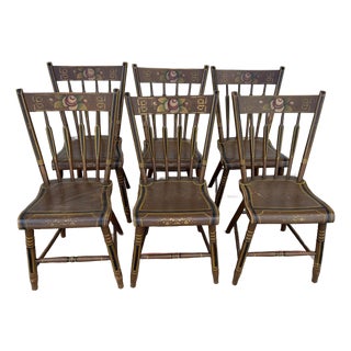 Antique Pennsylvania Folk Art Set of 6 Paint Decorated Arrow-Back Windsor Chairs, Circa 1850s For Sale