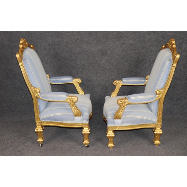 19th C. Pair French Napoleonic Style Armchairs, Giltwood & Blue Upholstery For Sale - Image 4 of 16