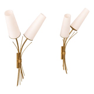 Vintage Wall Sconces in Brass and Curved Opaline Glass, France, 1960, Set of 2 For Sale