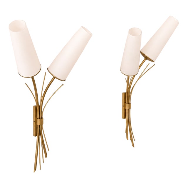 Vintage Wall Sconces in Brass and Curved Opaline Glass, France, 1960, Set of 2 For Sale