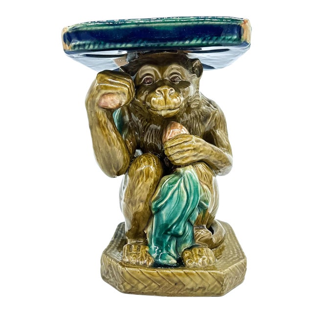 Vintage Majolica Ceramic Monkey Plant Stand – Blue & Green Glazed Chinoiserie / Hollywood Regency For Sale