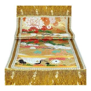 Antique Japanese Motifs Hand-Emboidery Table Cloth Runner With Crocheted Lace and Fringe For Sale