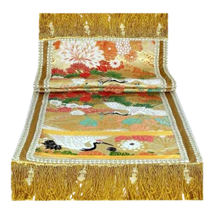Antique Japanese Motifs Hand-Emboidery Table Cloth Runner With Crocheted Lace and Fringe