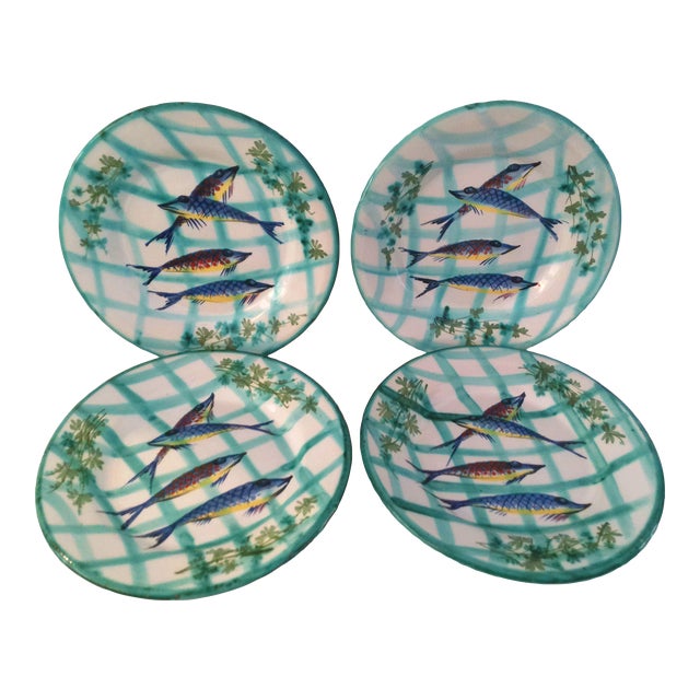 Vintage Spanish Pottery Blue Fish Plates, Set of 4 Chairish