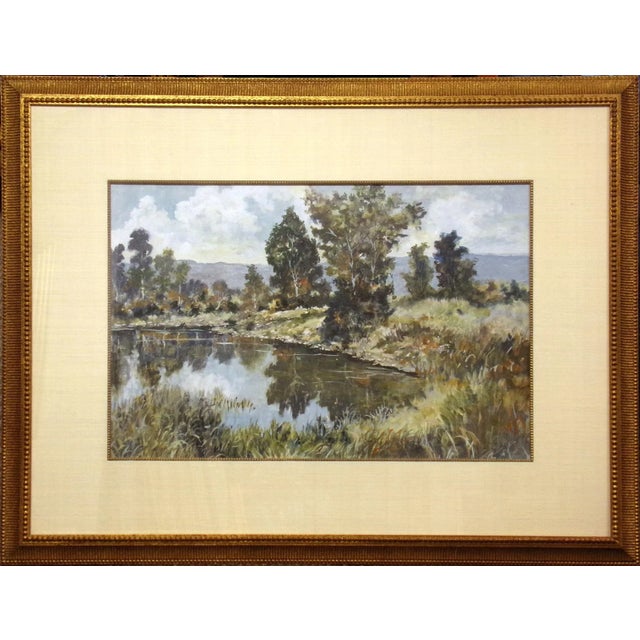 1990s 1990s Summer Pond Landscape Scene Gouache Painting, Framed For Sale - Image 5 of 5
