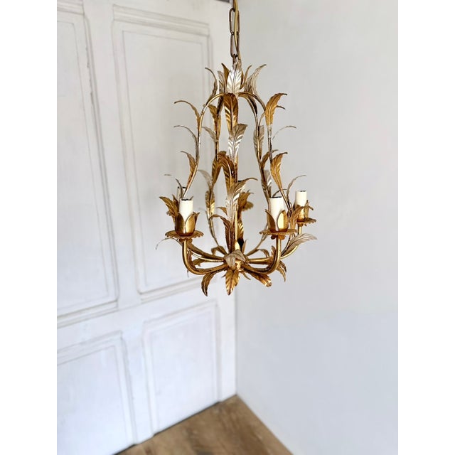Gold French Gilt and Silvered Tole Leaf 5-Light Chandelier, 1960s For Sale - Image 8 of 16