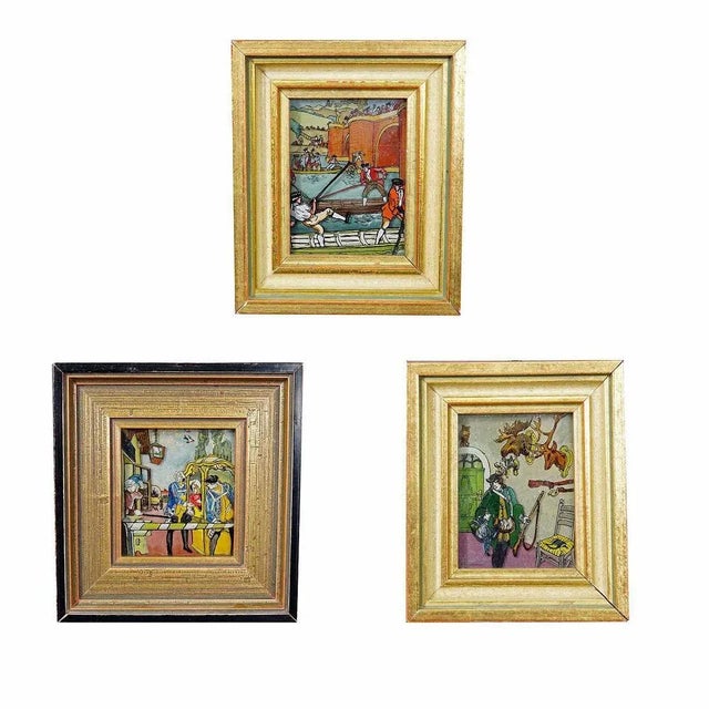Three Vintage Behind Glass Paintings with Biedermeier Scenes A set of three behind glass paintings depicting scenes from...
