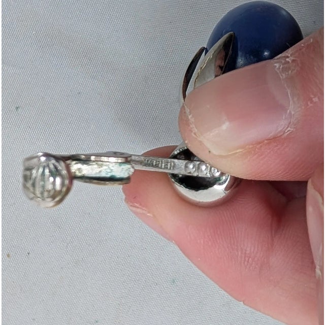 Vintage Signed Napier Cumquat Rhodium Plated Blue Moonglow Resin Drop Clip Earrings-2 Pieces For Sale - Image 9 of 9