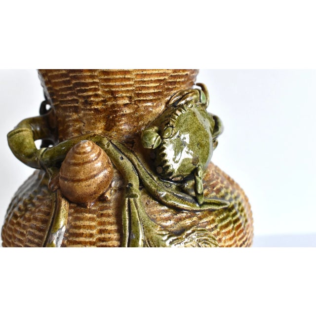 Ceramic Antique Meiji Japanese Basketweave Vases With Crabs and Snails - a Pair For Sale - Image 7 of 13