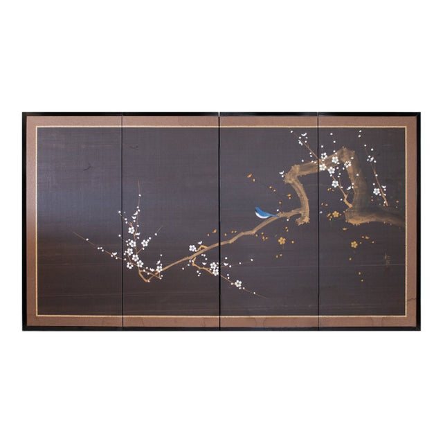 1960s Shōwa Era Japanese Silk Byobu Screen, Blue-and-White Flycatcher and Sakura For Sale