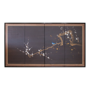 1960s Shōwa Era Japanese Silk Byobu Screen, Blue-and-White Flycatcher and Sakura