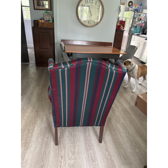 Fairfield Stripped Upholstered Queen Anne Wingback Chair For Sale - Image 4 of 4