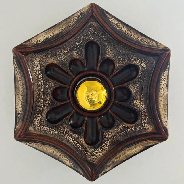 Brown Vintage German Gold Hex-Shaped Star Ceramic Wall Light, 1970 For Sale - Image 8 of 12