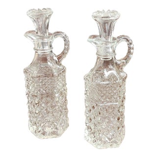 Pair Vintage 1960s Press Glass Anchor Hocking Wexford Small Cruet Pitchers W/ Stoppers For Sale